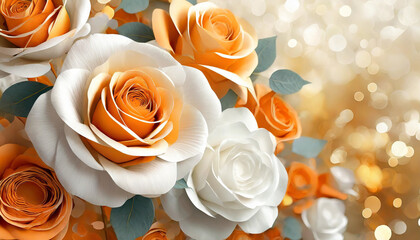 Bouquet of orange and white roses on a white background