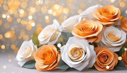 Bouquet of orange and white roses on a white background