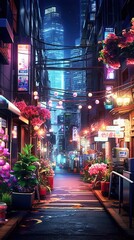 night scene in asian city, street with spring flowers