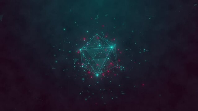 An entrancing abstract animation featuring a icosphere geometric shape, composed of glowing lines and vertices, set against a dark gradient backdrop with floating particles.