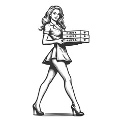 pin-up girl, confidently delivering a stack of pizza boxes with a flirty smile sketch engraving generative ai fictional character vector illustration. Scratch board imitation. Black and white image. - obrazy, fototapety, plakaty