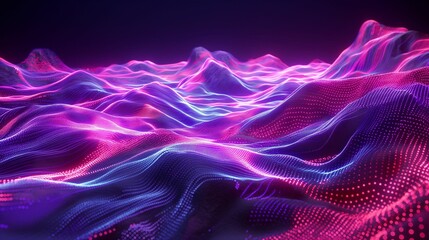Fototapeta premium Digital artwork of a mesmerizing neon-colored landscape with undulating hills under a star-studded night sky.