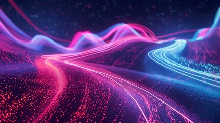 Digital artwork of a mesmerizing neon-colored landscape with undulating hills under a star-studded night sky.