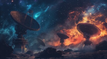 Imaginative portrayal of massive radio telescopes silhouetted against a dramatic cosmic nebula, symbolizing deep space exploration.