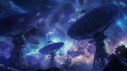 Imaginative portrayal of massive radio telescopes silhouetted against a dramatic cosmic nebula, symbolizing deep space exploration. - obrazy, fototapety, plakaty