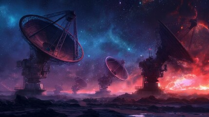 Fototapeta na wymiar Imaginative portrayal of massive radio telescopes silhouetted against a dramatic cosmic nebula, symbolizing deep space exploration.