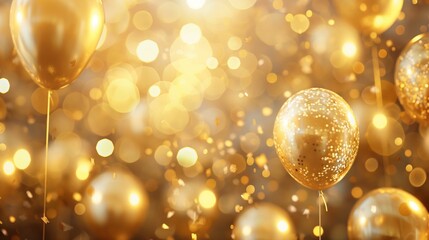 Close-up of golden balloons with a sparkling bokeh effect, creating a festive and celebratory atmosphere. - obrazy, fototapety, plakaty