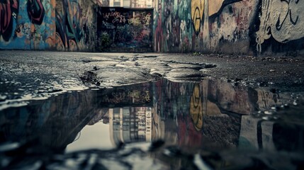 Image of the alley after the rain with graffiti on the walls.