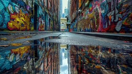 Image of the alley after the rain with graffiti on the walls.