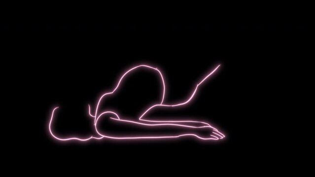 character woman pregnant woman in yoga pose balancing 4k animation. One line drawing and continuous style isolated  Neon light on black background.