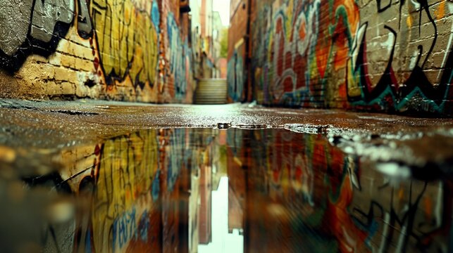 Image of the alley after the rain with graffiti on the walls.