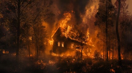 A devastating forest fire engulfs a house in flames amidst the dense woodland.