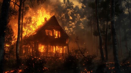 A devastating forest fire engulfs a house in flames amidst the dense woodland.