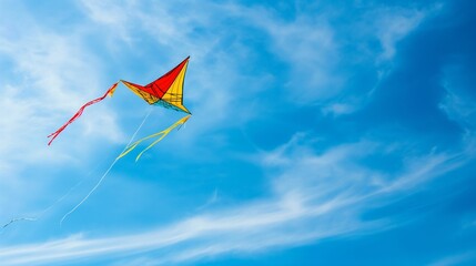 Fototapeta na wymiar A vibrant kite soars against a backdrop of a blue sky and fluffy white clouds on a sunny day.