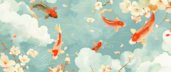 Abstract pattern of clouds and flowers, with red carp swimming in the sky The background is light blue, adorned with golden auspicious cloud patterns Generative AI
