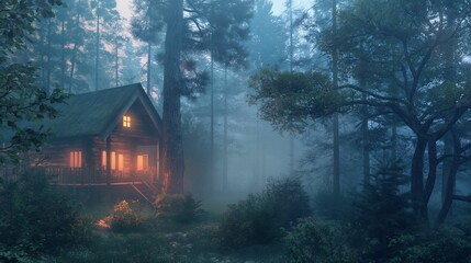 Cozy wooden cabin with glowing windows nestled in a serene, foggy forest at dusk.