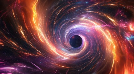 Digital illustration of a black hole surrounded by a swirl of colorful cosmic energy and stars in space. - obrazy, fototapety, plakaty