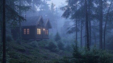 Cozy wooden cabin with glowing windows nestled in a serene, foggy forest at dusk. - obrazy, fototapety, plakaty