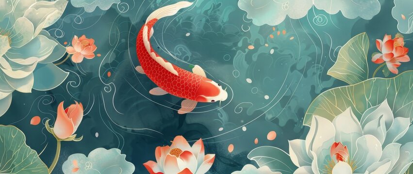 Traditional Chinese pattern, cloud and flower background, a red carp swimming in the water of clouds and flowers Generative AI