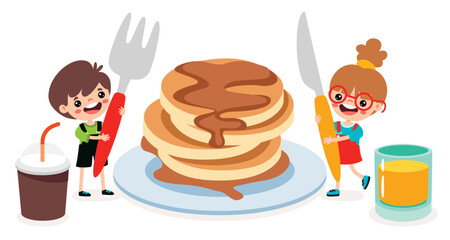 Cartoon Kids Eating A Pancake
