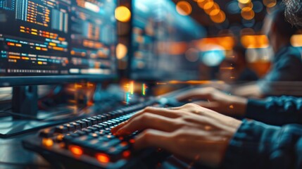 working hands of controller with data base from Scada system on computer screen.