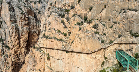 Caminito del Ray, The King's Path. Walkway pinned along the steep walls of a narrow gorge in El Chorro, Malaga, Spain