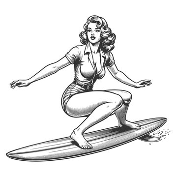 retro pin-up girl in stylish beachwear surfing on wave, grace and balance sketch engraving generative ai fictional character vector illustration. Scratch board imitation. Black and white image.