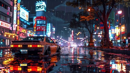 Retro car on a rainy city street illuminated by vibrant neon lights and reflections