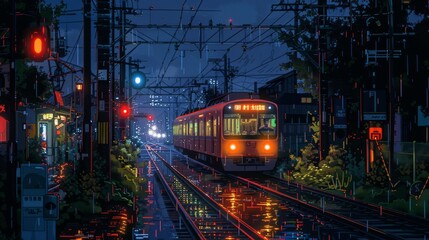 Pixel art rainy cityscape at night with illuminated signs and a lone commuter