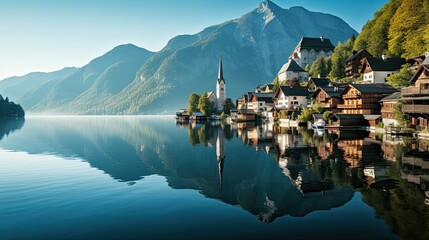Fototapeta premium Halstatt over lake, Austria ai generative