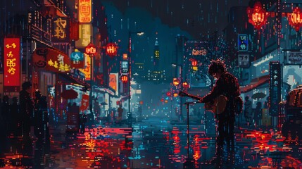 Pixel art of a solo musician playing guitar in a rain-soaked city with vibrant street lights