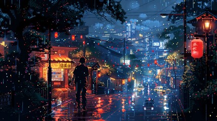 Pixel art character walking alone on rainy neon-lit city street
