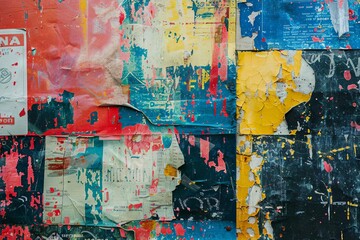 collage of worn torn placard posters on grunge wall colorful abstract background