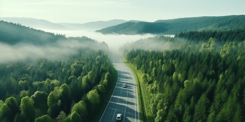 road among the forests bird's eye view Generative AI - obrazy, fototapety, plakaty