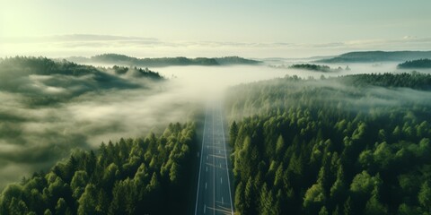road among the forests bird's eye view Generative AI - obrazy, fototapety, plakaty