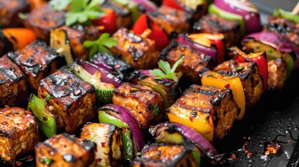 bright, colorful image of a spicy tempeh marinade being brushed onto skewered vegetables before grilling, showcasing a plant-based use of fermented sauces