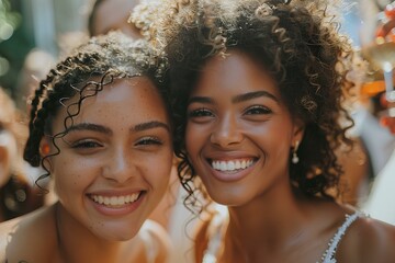 Two women smile as they pose for a picture together in front of a crowd of people and one of them is