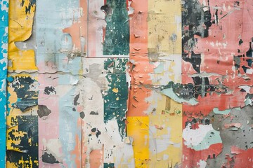 collage of worn torn placard posters on grunge wall colorful abstract background