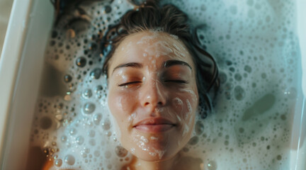 A top down view of a woman relaxing in a bubble bath. Closeup candid portrait