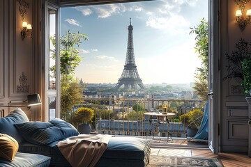 Room in Paris with eiffel tour in window , honeymoon or romantic holidays concept