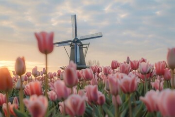 bright tulips field stripes with windmill in background, Holland landscape