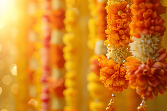 Background with marigold flower garland. Backdrop for festival celebrations in India such as Diwali, Deepavali, Dussehra, Vijayadashami, Ganesh Chaturthi, Navrati, Holi, Onam, Pongal, Makar Sankranti