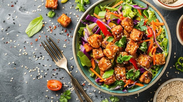 bowl of colorful tempeh salad, featuring cubed tempeh tossed with fresh vegetables and a tangy dressing