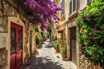 Fototapeta na wymiar Cozy street in the historic center of Antibes, France, French Riviera near the Mediterranean Sea