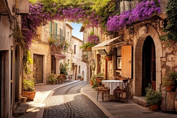 Cozy street in the historic center of Antibes, France, French Riviera near the Mediterranean Sea - 786688363