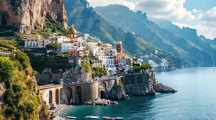 Naklejka premium view of Positano town - famous old italian resort at summer day, Italy, retro toned
