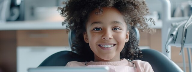 Little smiling mixed raced girl with curly hair sitting in dental chair and looking at camera while holding x ray scan image of her teeth on digital tablet Pediatric dentistry orthodontics - obrazy, fototapety, plakaty