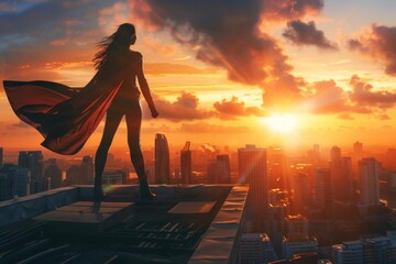 empowered superheroine surveying city from rooftop dramatic sunset backdrop - obrazy, fototapety, plakaty