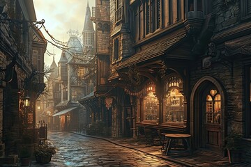 Old European city street with Gothic architecture and a dramatic atmosphere