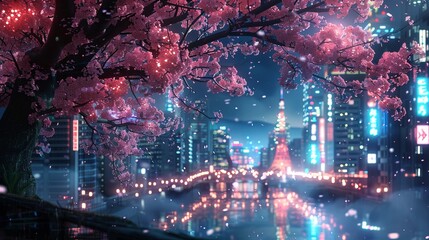 Fantasy Japanese night view city citycape, neon light, residential skyscraper buildings, pink cherry sakura tree. Night urban anime fantasy. 3D illustration